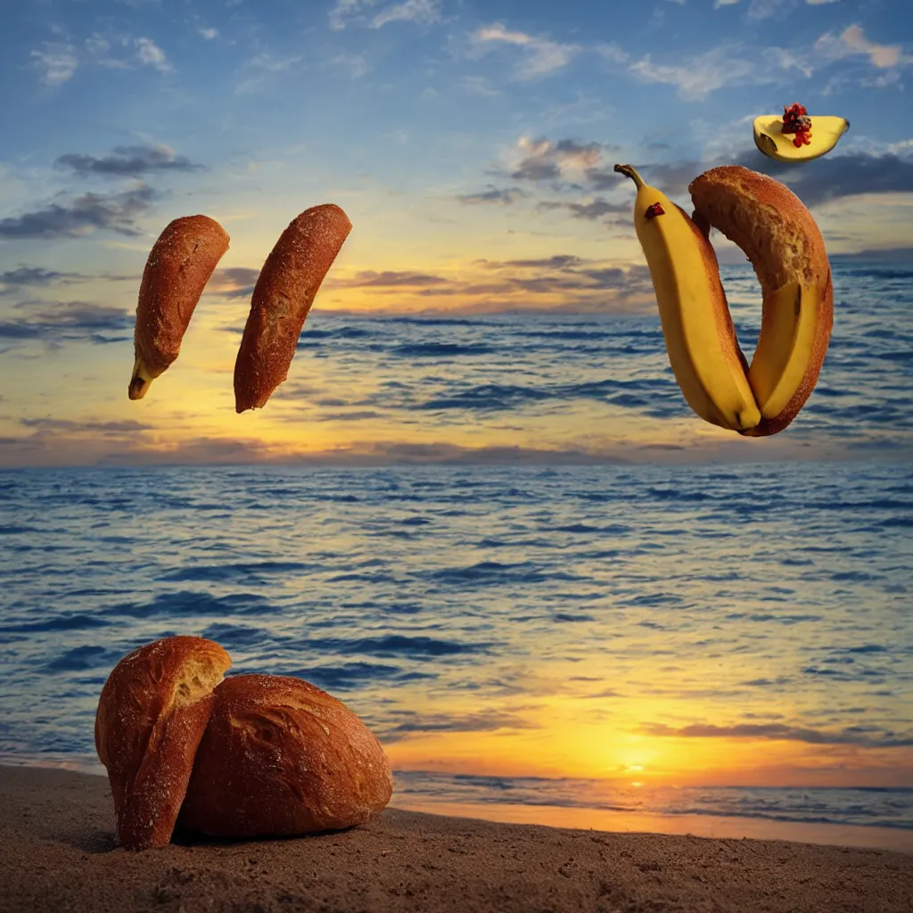 Image similar to a bread and a banana in love at the beach with sunset