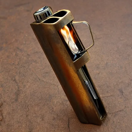 Image similar to a steampunk lighter, product photo, man lighting a cigarette, burnished bronze, flame