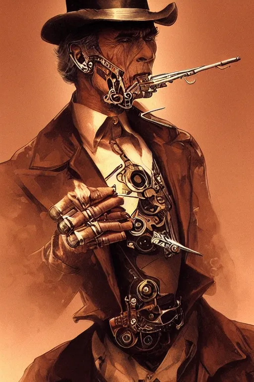 Image similar to clint eastwood steampunk cyborg smoking cigar, portrait, western, duster, fantasy, intricate, elegant, highly detailed, digital painting, artstation, concept art, sharp focus, illustration, art by artgerm and greg rutkowski and alphonse mucha