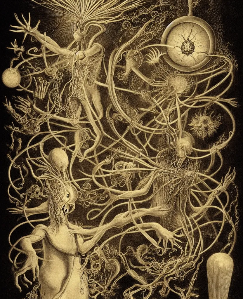 Image similar to whimsical freaky creature sings a unique canto about'as above so below'being ignited by the spirit of haeckel and robert fludd, breakthrough is iminent, glory be to the magic within