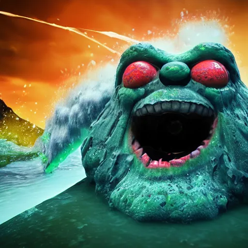 Prompt: the pain is splattered on the sad monster's green face while huge waves crash against him, hints of red and yellow, fantasy, unreal engine