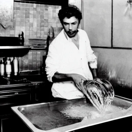 Image similar to young Luciano Ligabue using a dishwater