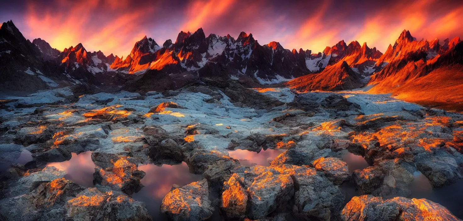 Image similar to amazing landscape photo of mountains with lake in sunset by marc adamus, beautiful dramatic lighting