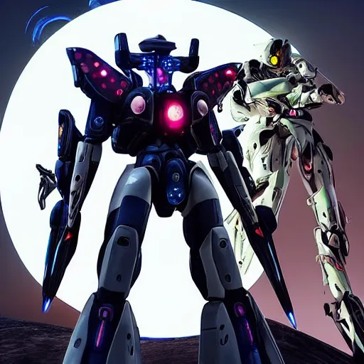 Prompt: two battle mecha in combat over a distant moon, the light of the moon reflects off the armour, it’s an incredibly detailed artwork, styled like ghost in the shell, with Japanese inspiration, they have light swords and are bright neon Colors,