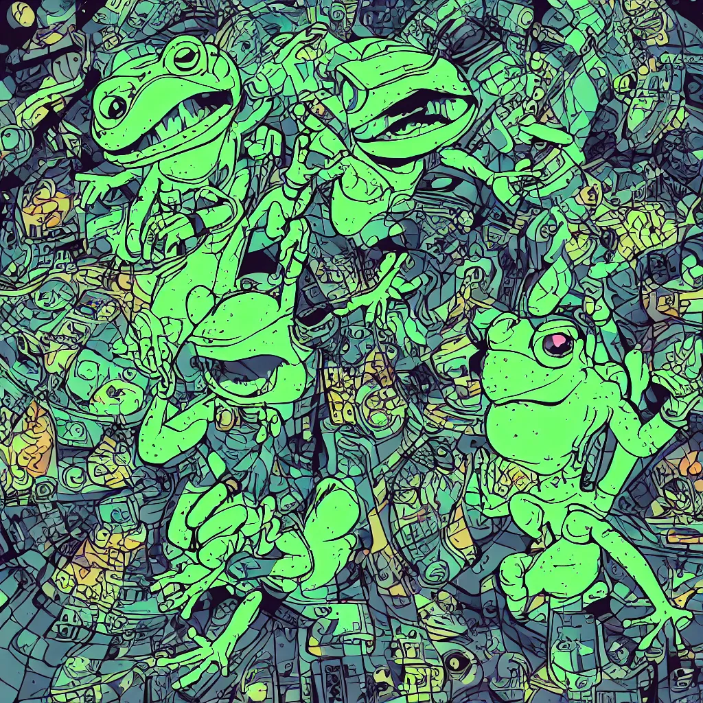 Image similar to toad head, ryuta ueda artwork, breakcore, style of jet set radio, y 2 k, gloom, space, cel - shaded art style, frogs, amphibians, sacred geometry, data, minimal, code, cybernetic, dark, eerie, cyber