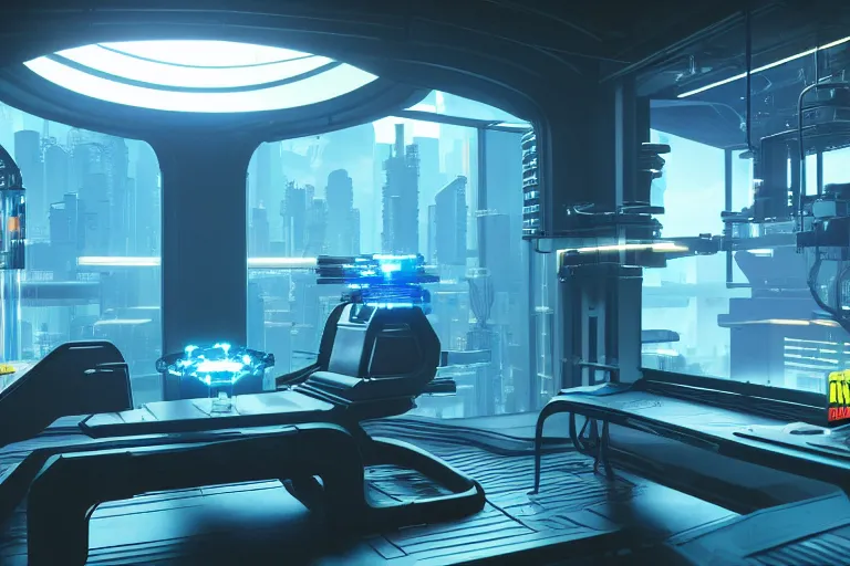 Image similar to cyberpunk 2 0 7 7, bladerunner 2 0 4 9 cyrogenic stasis pod, cybernetic symbiosis hybrid mri 3 d printer machine making a bio chemical lab, shiny knobs, amazing, fantastic, natural light in room, drone camera lens orbs, global illumination, octane render, architectural