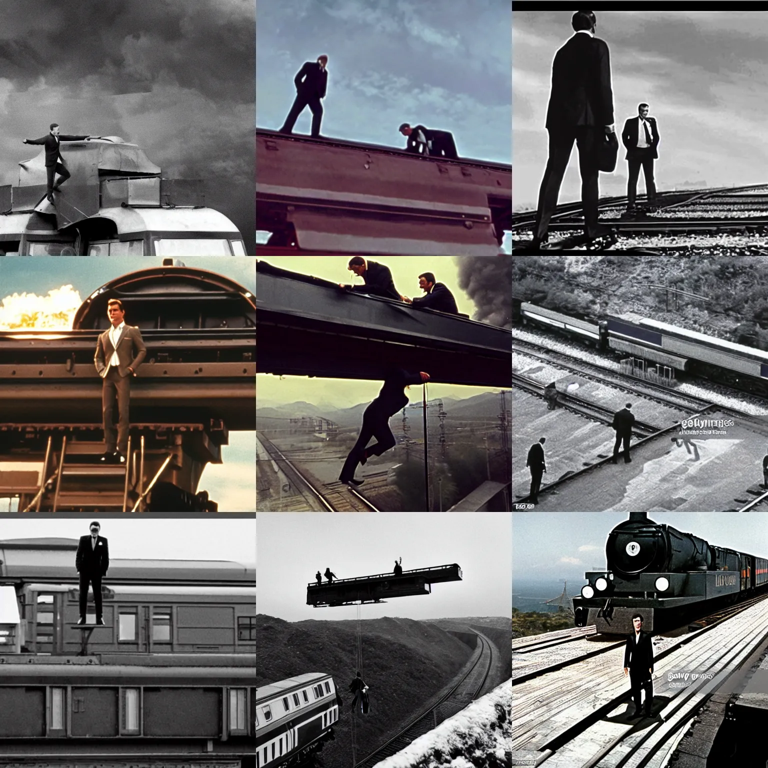 Prompt: James Bond stands on top of the roof of a moving train, scene from a James Bond film