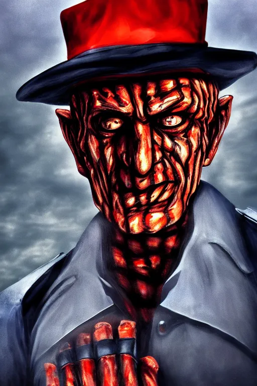 Image similar to freddy krueger in police form, high details, best composition, dramatic pose, 4 k