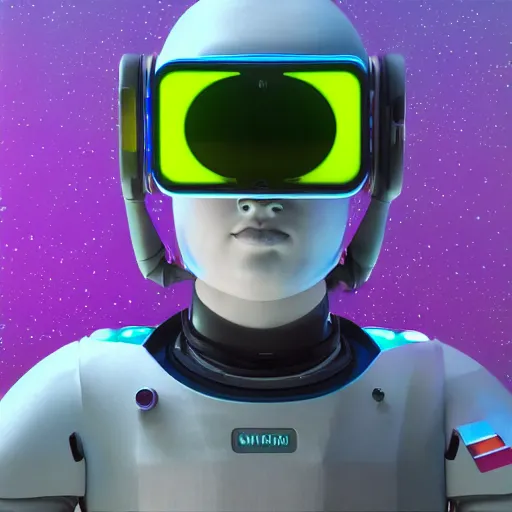 Image similar to cyberpunk astronaut bot, cinema 4 d, galaxy space sci - fi, wearing vr goggles, illustration, portrait, pastel neon textured background night, detailed,