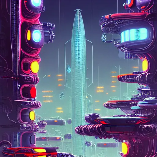 Image similar to robo cats inside an scifi tentacles wires futuristic city, beautiful signs, wide angle, retro futuristic comics, cinematic, highly detailed, photorealistic, rich bright colors, trending on artstation, giger, tsutomu nihei, trending on cgsociety, awe inspiring bruce pennington cityscape, digital art painting of 1 9 6 0 s