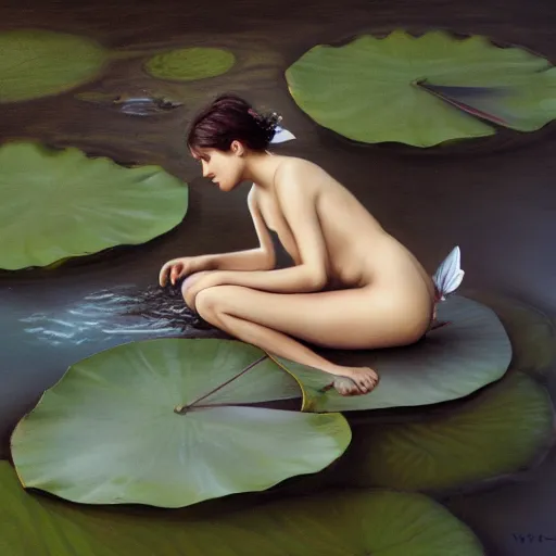 Image similar to a contemplative romanticist painting of a small fairy sitting on the edge of a lotus leaf, her feet in the water, the lotus leaf is floating on water, 8k, photorealistic, award winning, trending on artstation, by WLOP
