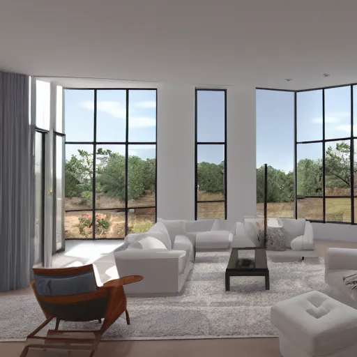 Image similar to photorealistic living room open space big windows