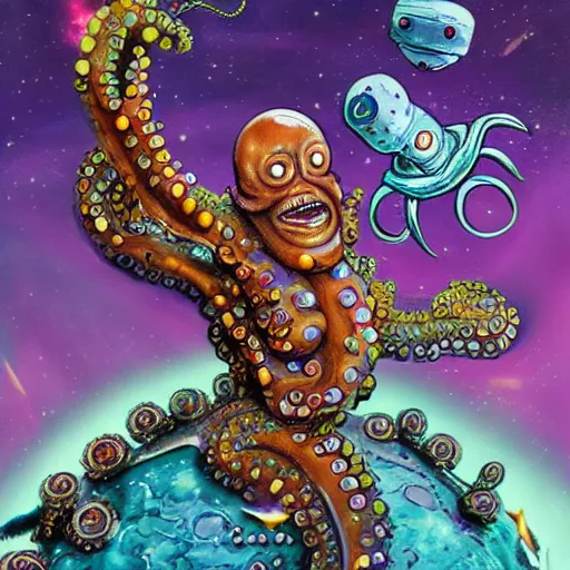 Image similar to steve harvey cyborg octopus, conquering earth, epic battle scene, 8 k, mystical fantasy painting