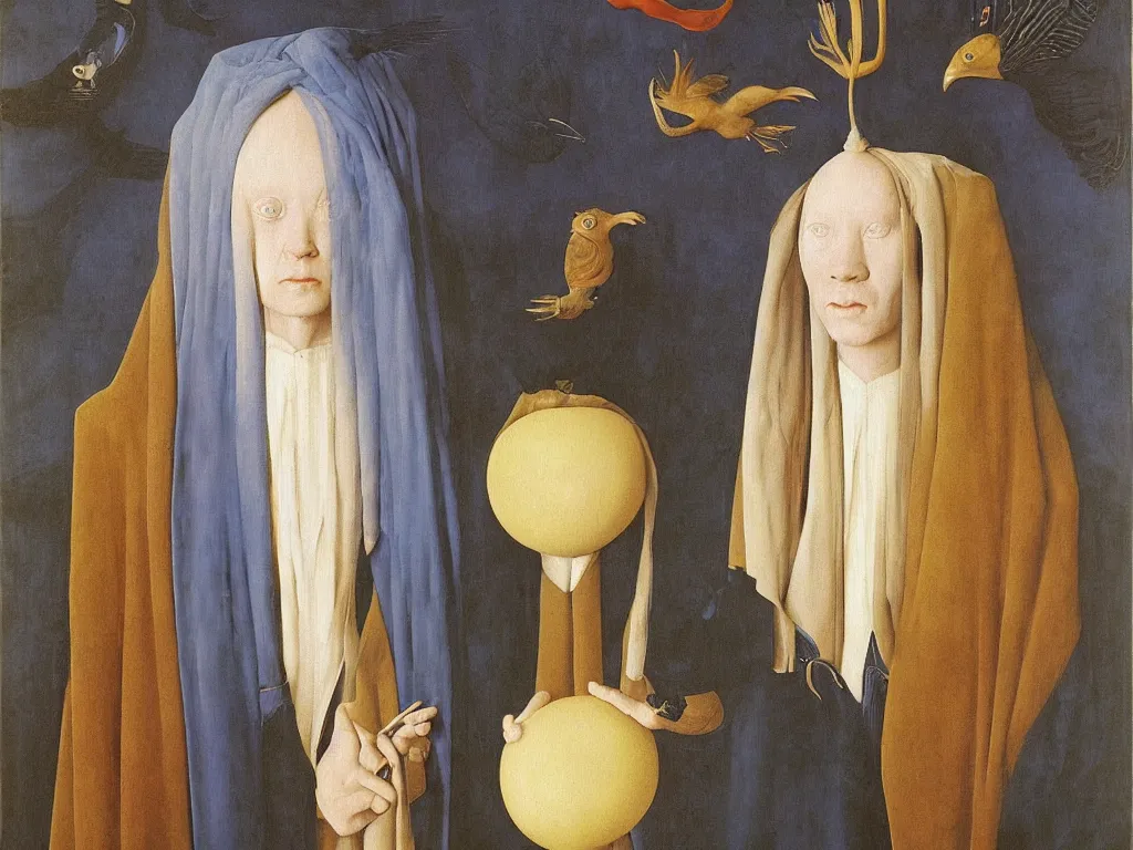 Prompt: Portrait of albino mystic with blue eyes, with exotic collection of floating animal eyes. Painting by Jan van Eyck, Audubon, Rene Magritte, Agnes Pelton, Max Ernst, Walton Ford