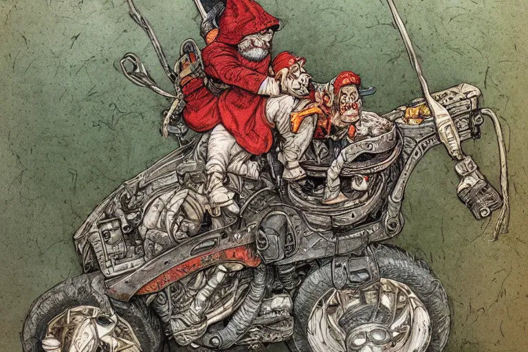 Prompt: a highly detailed garden gnome hanging off the back of a car in full speed, trying to hold on, desperate, wide angle, an ultrafine detailed painting by p. craig russell and barry windsor - smith, trending on deviantart, octane, masterpiece