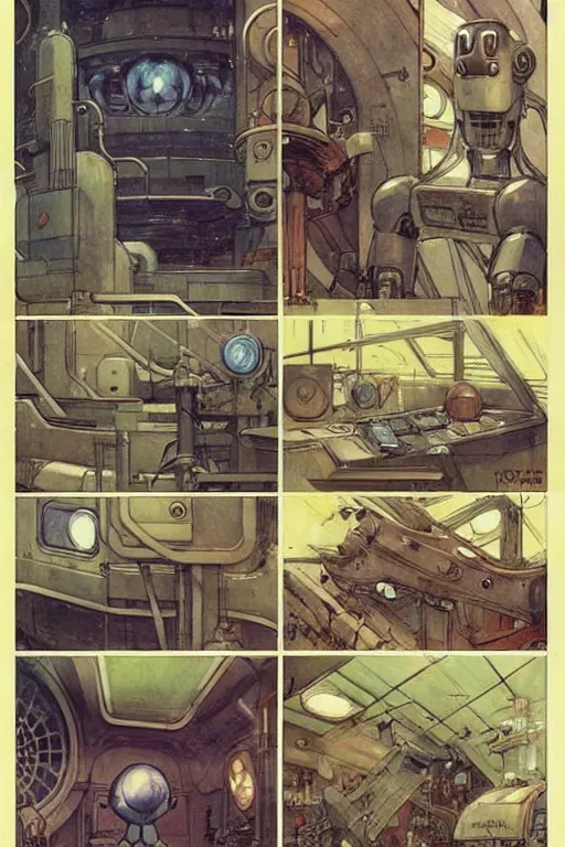 Image similar to comic book art nouveau page layout ( ( ( ( ( 1 9 5 0 s retro future robot lab interior. muted colors. ) ) ) ) ) by jean - baptiste monge!!!!!!!!!!!!!!!!!!!!!!!!!!!!!!