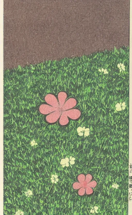 Image similar to by akio watanabe, manga art, a clover on the ground, sunny day, trading card front