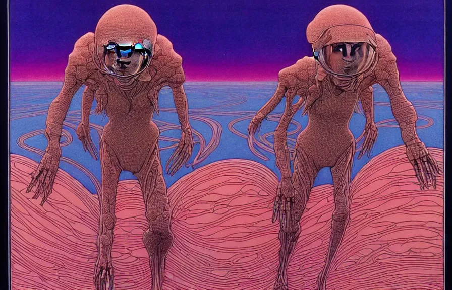 Image similar to ( ( ( ( a humanoid creature from another planet. ) ) ) ) by mœbius!!!!!!!!!!!!!!!!!!!!!!!!!!!, overdetailed art, colorful, artistic record jacket design