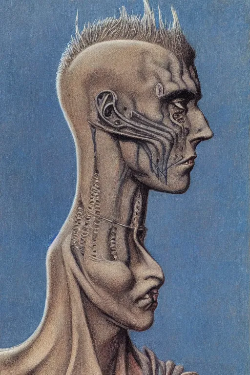 Image similar to portrait of beautiful gothic and futuristic young man, warcpace, cyber and rocks armor, a lot of more and more scars, thunderstorm, blueack with white head, the middle ages, highly detailed, artstation, illustration, more and more composision, 8 k quality, art by jean delville, rene magritte