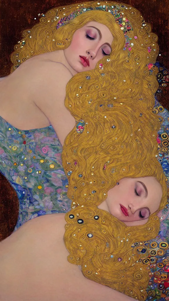 Image similar to a soft and breathtaking detailed painting of a full body sleeping blonde princess in the style of Gustav Klimt, blonde hair, shiny gold, elegant, highly detailed, artstation, fluo colors, concept art, matte, sharp focus, art by Gustav Klimt