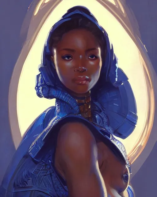 Image similar to Portrait of very very very very very very beautiful nigerian woman, spacesuit, blue eyes, real life skin, intricate, elegant, highly detailed, artstation, concept art, smooth, sharp focus, art by artgerm and greg rutkowski and alphonse mucha