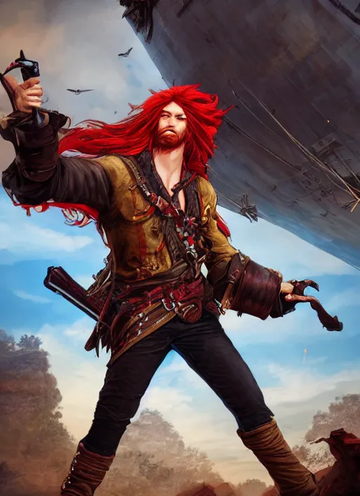 Image similar to An epic fantasy comic book style portrait painting of a long haired, red headed male sky-pirate wielding a pistol in front of an airship, unreal 5, DAZ, hyperrealistic, octane render, cosplay, RPG portrait, dynamic lighting