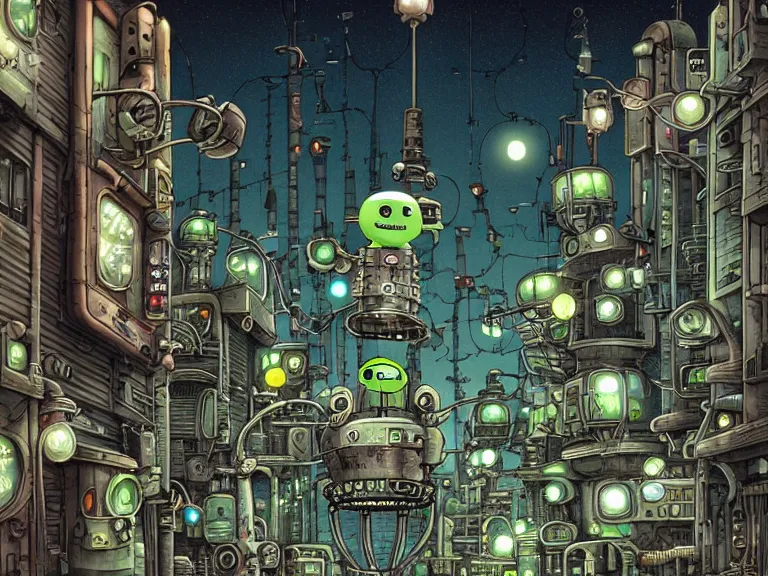 Prompt: street view of futuristic machinarium tokyo at night by michael whelan and dan witz and dan mumford. cute ver.ka mecha machinarium robots.