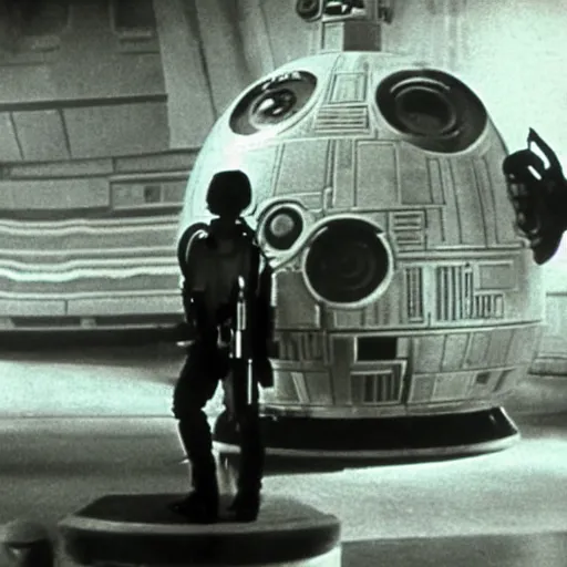 Prompt: Luke Skywalker attempts to stop the Death Star in the silent movie version of Star Wars (1921) by Fritz Lang, in front of a set reminiscent of Metropolis