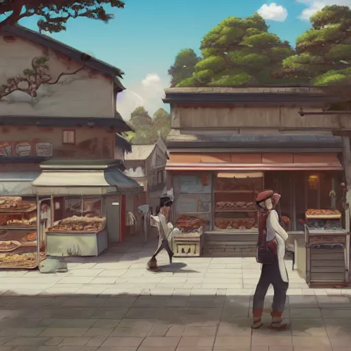 Image similar to concept art painting of a bakery with european and japanese architecture, in a village surrounded by trees, realistic, detailed, cel shaded, in the style of makoto shinkai and greg rutkowski and james gurney