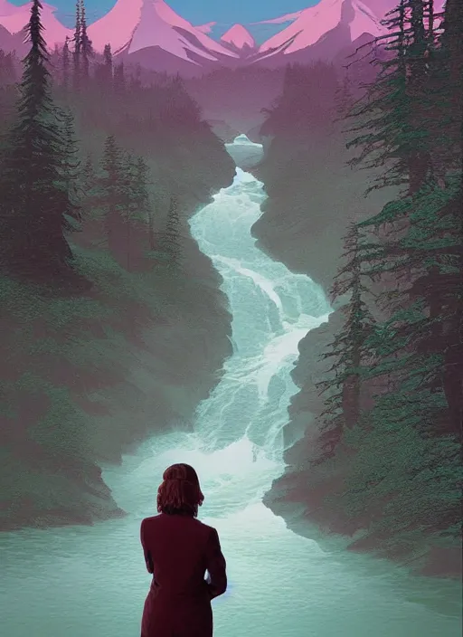 Prompt: Twin Peaks poster artwork by Michael Whelan and Tomer Hanuka, Rendering of woman floating down the river from scene from Twin Peaks, full of details, by Makoto Shinkai and thomas kinkade, Matte painting, trending on artstation and unreal engine