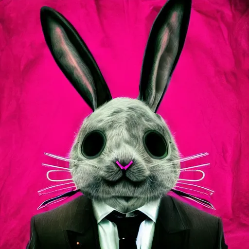 Prompt: a detailed portrait of a creepy bunny wearing an anonymous mask dressed in a suit having neon eyes, epic, cinematic, very detailed, creepy, horror, dreamscape, hdr, dark, shadows