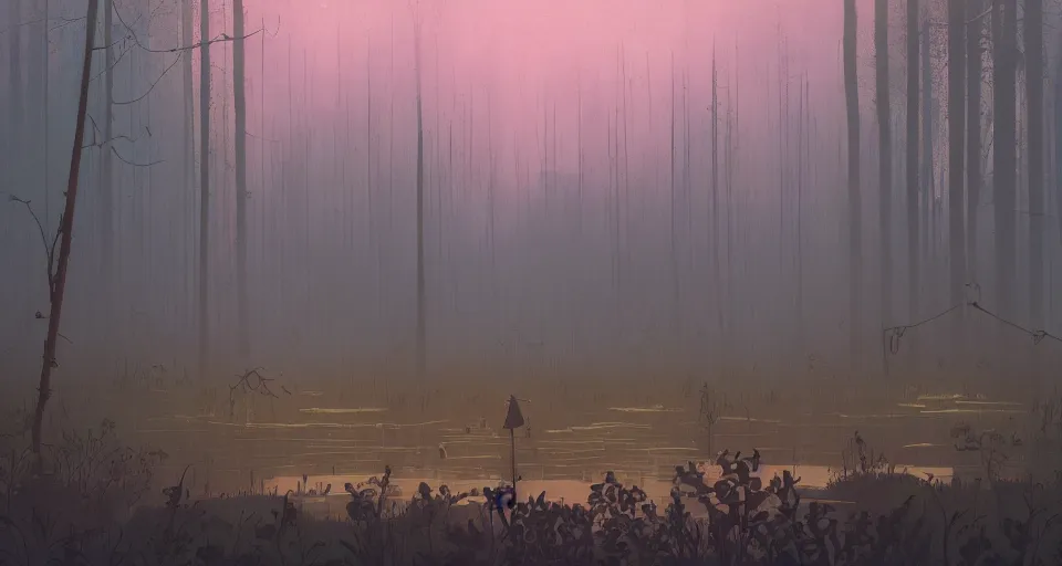 Image similar to A fantastic, enchanted, magic swamp, by simon stalenhag