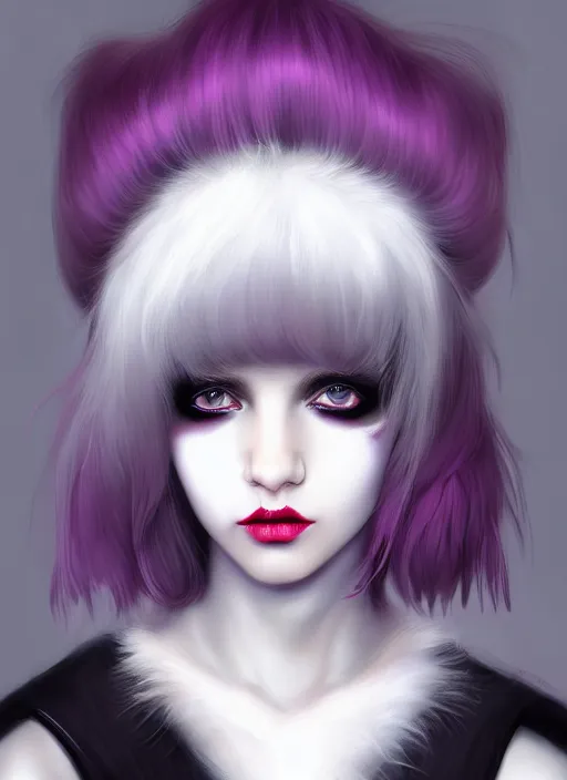 Image similar to portrait of white teenage girl, normal face, white bangs, mall goth, cyberlox, black and white hair, bangs, fluffy bangs, red contact lenses, purple lipstick, intricate, elegant, highly detailed, digital painting, artstation, concept art, sharp focus, smooth, illustration, art by wlop, mars ravelo and greg rutkowski