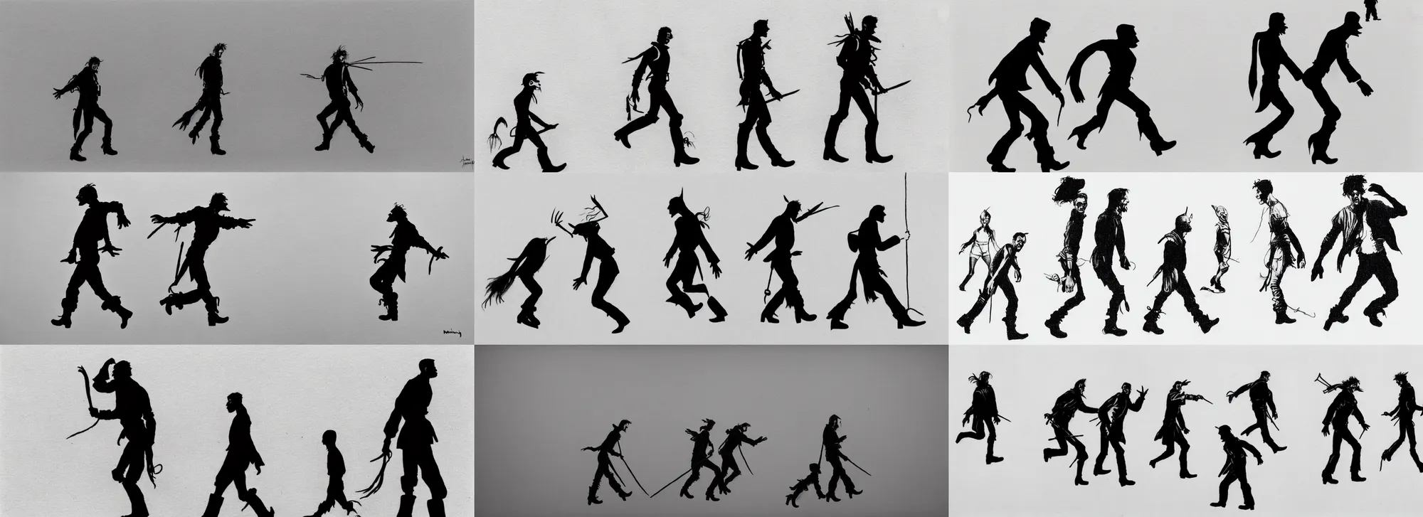 Prompt: mad max being very goofy and funny in monty pythons ministry of silly walks, very light and soft pencil drawing of silhouettes walking silly by james jean, minimalist line drawing on white background, very silly, very minimalist, very light, very soft