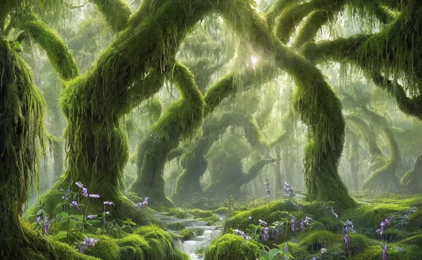 Prompt: a dense vibrant forest of willow trees and wisteria flowers, thick mossy ground, forked river, fantasy digital painting, stunning intricate details, artwork by ross tran and greg rutkowski