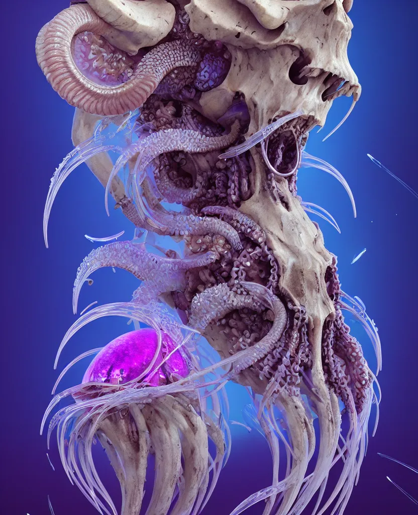 Image similar to goddess close-up portrait ram skull. jellyfish phoenix head, nautilus, orchid, ram skull, betta fish, bioluminiscent creatures, intricate artwork by Tooth Wu and wlop and beeple. octane render, trending on artstation, greg rutkowski very coherent symmetrical artwork. cinematic, hyper realism, high detail, octane render, 8k