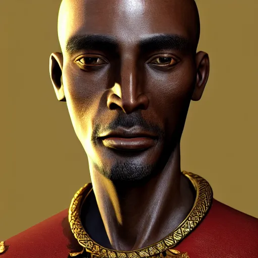 Prompt: A Crusader Kings II portrait of an African man with high cheekbones. Good bone structure. Dressed in 1940s style. Highly detailed, fine Art, high detail, great lighting, 8k resolution, masterpiece, concept art, illustration, clear eyes, painting oil on canvas, octane render, HDR, trending on artstation, 4k, 8k, HD