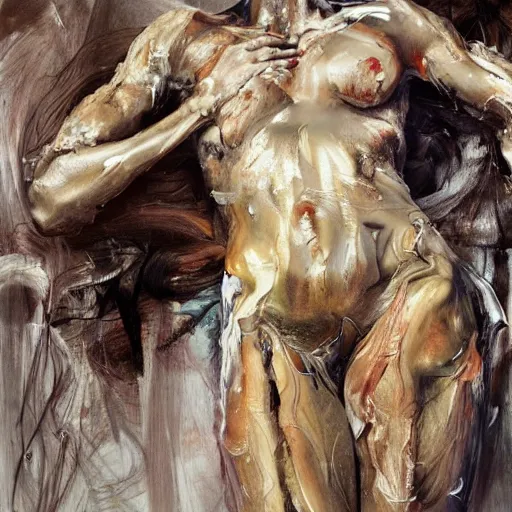 Prompt: body sculptures made with oil painting, brush strokes, by jenny saville. Dark atmosphere. volumetric