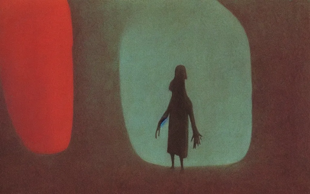 Image similar to colorized movie still from The Cabinet of Doctor Caligari: a ghost walking alone at night in the woods, oil painting by zdzisław beksiński, iridescent color palette chromatic aberration