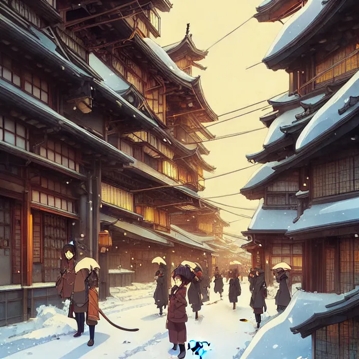 Image similar to japanese big city, winter, in the style of studio ghibli, j. c. leyendecker, greg rutkowski, artem