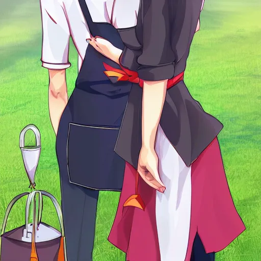 Prompt: your wife is happily meeting you coming home from work with an apron on, trending on pixiv, sharp, high quality, anime digital painting