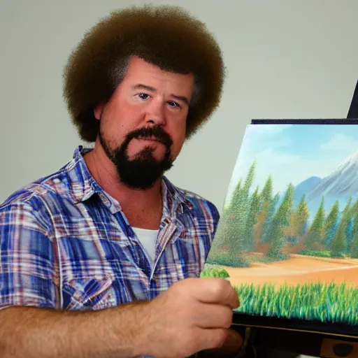 Prompt: a closeup photorealistic photograph of bob ross working on an image of kenny powers autographing a baseball on a canvas. mountains and trees. film still. brightly lit scene. this 4 k hd image is trending on artstation, featured on behance, well - rendered, extra crisp, features intricate detail, epic composition and the style of unreal engine.