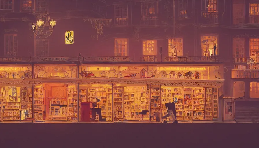 Prompt: a Wes Anderson 35mm film still of a very magic bookshop with a miniature mountain city inside, golden hour, falling cherry blossom pedals, in the style of Gucci, glowing warm lights and floating lanterns, foggy atmosphere, rainy, moody, muted colors, magic details, very detailed, 8k, cinematic look, octane render, psychedelic,