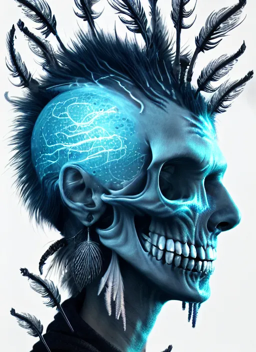 Image similar to 3 d shaman with tattoos profile portrait, sigma 5 0 0 mm f / 5. beautiful intricate highly detailed skull and feathers and hairs and tattoos. bioluminescent, plasma, frost, water, wind, creature, gradient background, thunderstorm! artwork by tooth wu and wlop and beeple and greg rutkowski, 8 k trending on artstation,