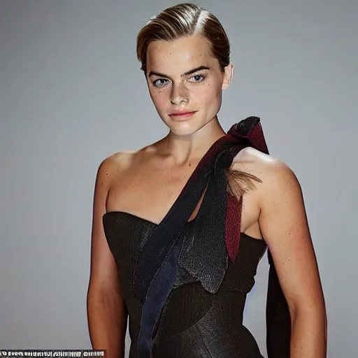 Image similar to a woman who is a genetic combination of margot robbie and emma watson face and upper - body focus