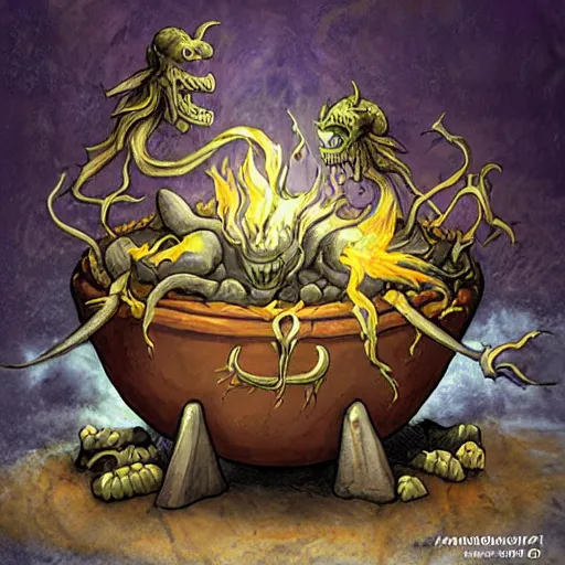 Image similar to monsters consumed transformed transmutation in a fiery alchemical cauldron