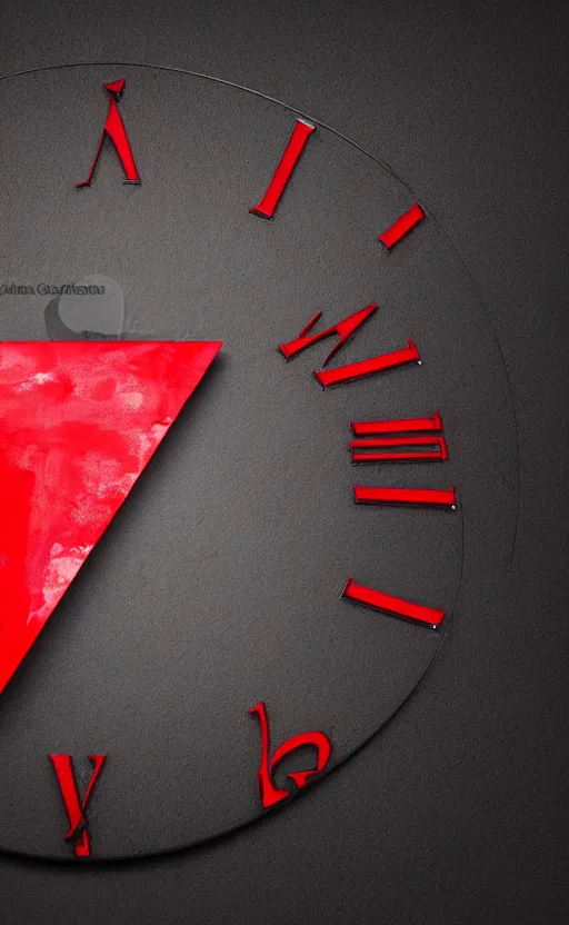 Image similar to a melting Roman numeral clock, behind a red and black gradient background, awith a black heart shaped on the top left corner and a black diamond card shape in the bottom right corner, dynamic lighting, photorealistic fantasy concept art, trending on art station, stunning visuals, cinematic, creative, ultra detailed