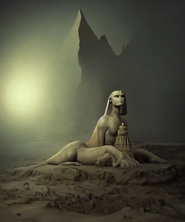 Image similar to epic professional digital art the sphinx, horrific yet beautiful vibe, evocative, atmospheric lighting, painted, intricate, highly detailed, by leesha hannigan, wayne haag, reyna rochin, ignacio fernandez rios, mark ryden, iris van herpen, artstation, cgsociety, stunning, gorgeous, sharp focus, cinematic, masterpiece