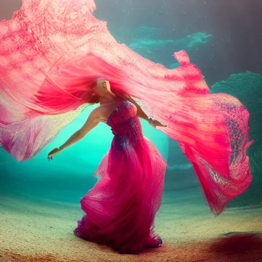 Prompt: woman dancing underwater wearing a long flowing dress made of many translucent layers of magenta and gold lace seaweed, bolts of bright yellow fish, delicate coral sea bottom, swirling silver fish, swirling smoke shapes, unreal engine, caustics lighting from above, cinematic, hyperdetailed