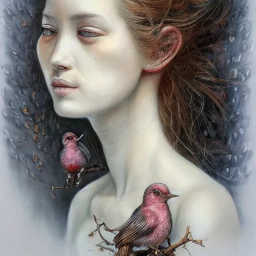 Prompt: an intricate detailed women without eyes portrait with birds by marco mazzoni